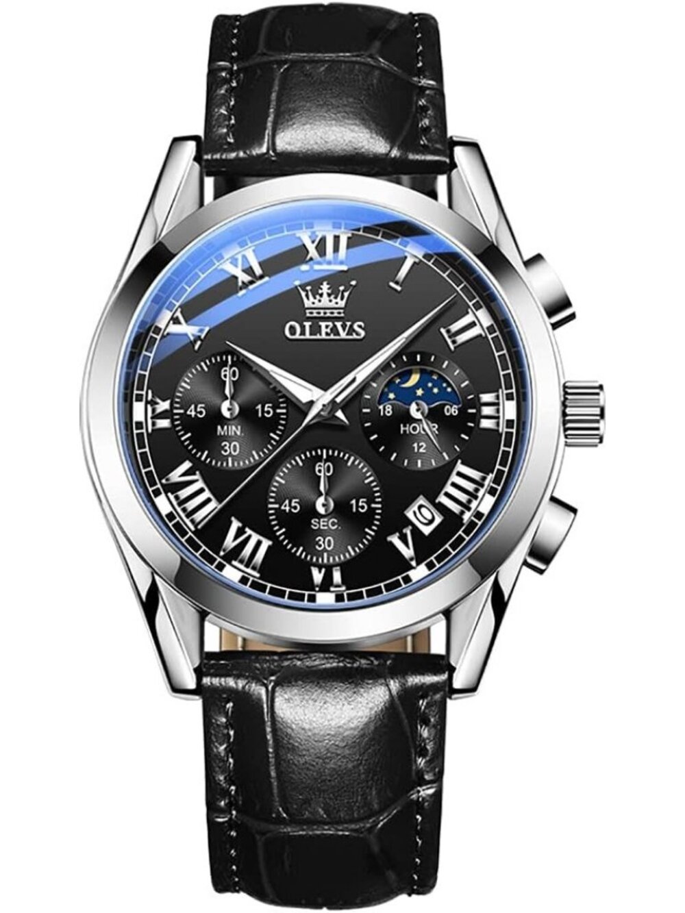 Olevs Men's Silver And Black Analog Leather Large Face Date Luxury Wrist Watches